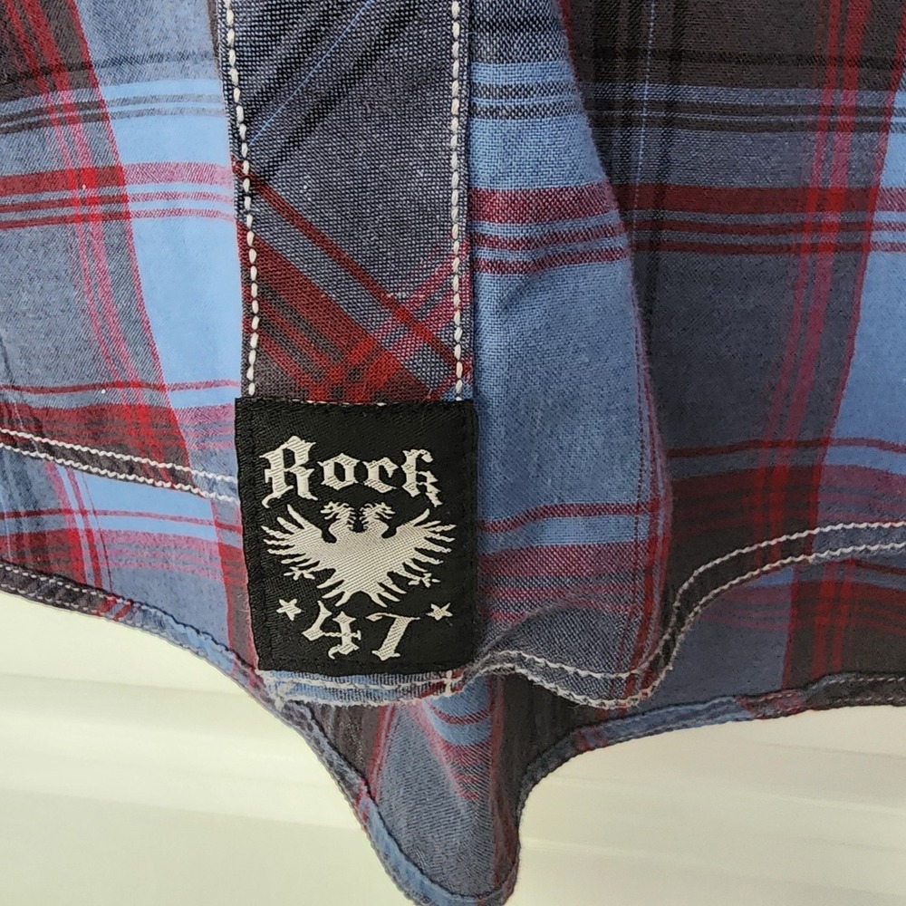 Rock 47 by Wrangler Plaid Western Shirt Mens Medium Blue Maroon Embroidered - Picture 4 of 5